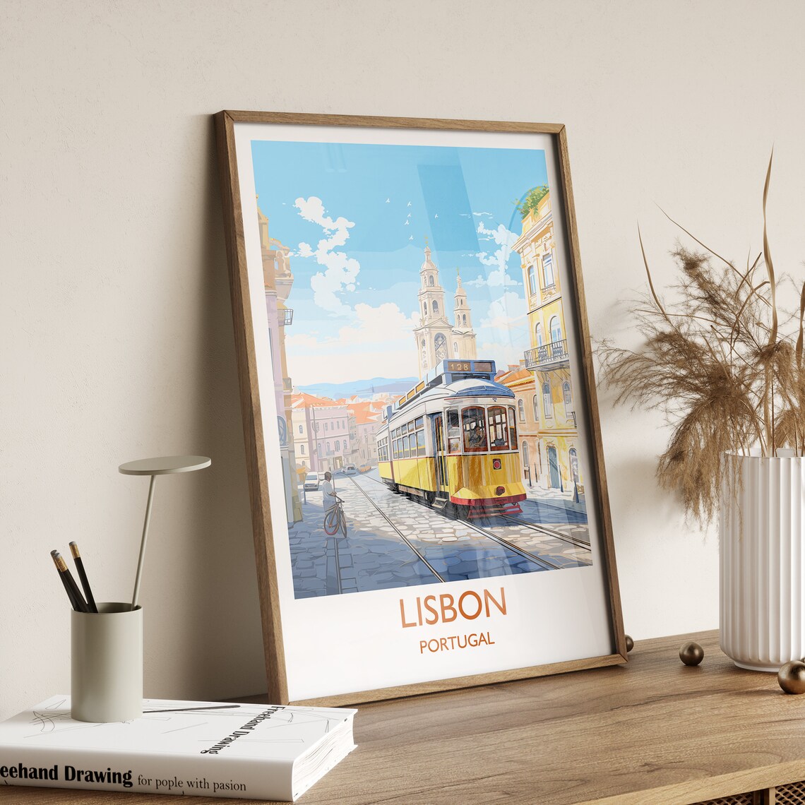 Lisbon Portugal Retro Travel Poster Yellow Tram 28 Cobblestone Street - Image 3
