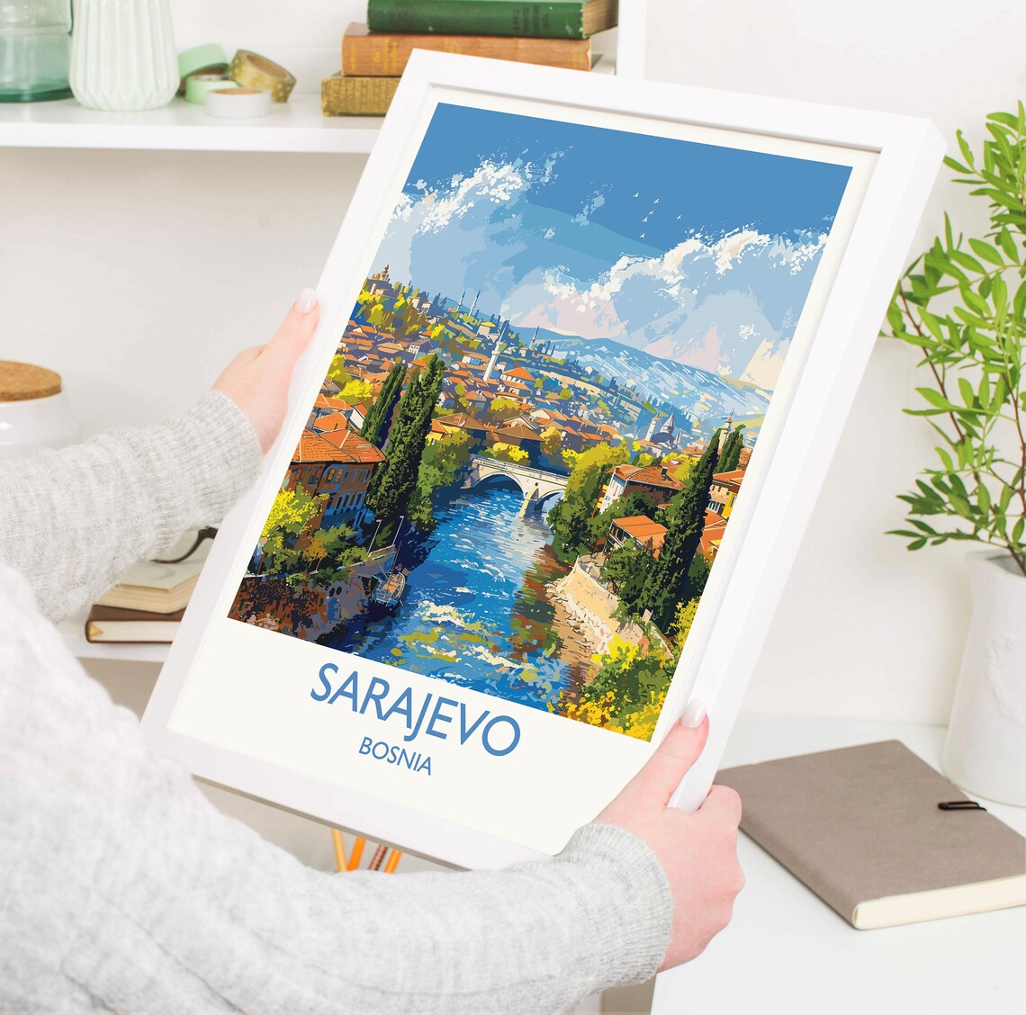 Sarajevo Bosnia Daytime River Old Town Sunny Retro Travel Poster - Image 3