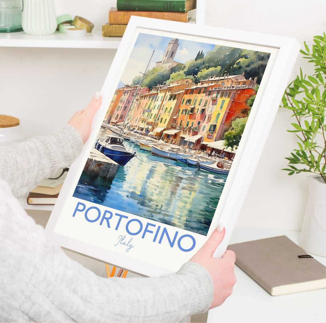 Portofino Italy Pastel Harbor Boats Hillside Watercolor Poster - Image 5