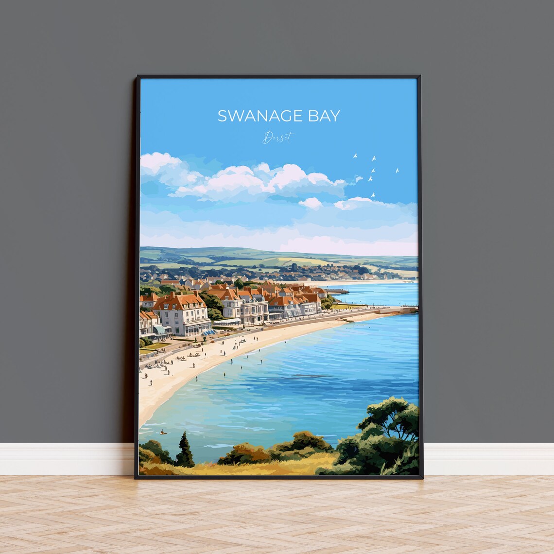 Swanage Bay Dorset Curved Beach Grand Hotels Travel Poster Seaside Art