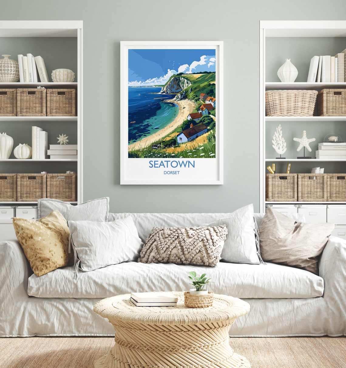 Seatown Dorset Seaside Cove Cottages White Border Travel Poster - Image 2