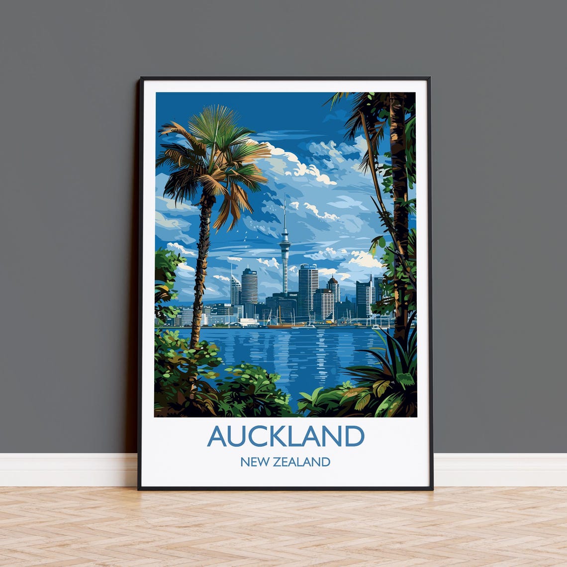 Auckland Skyline Sky Tower Harbour With Bottom Caption Band Poster