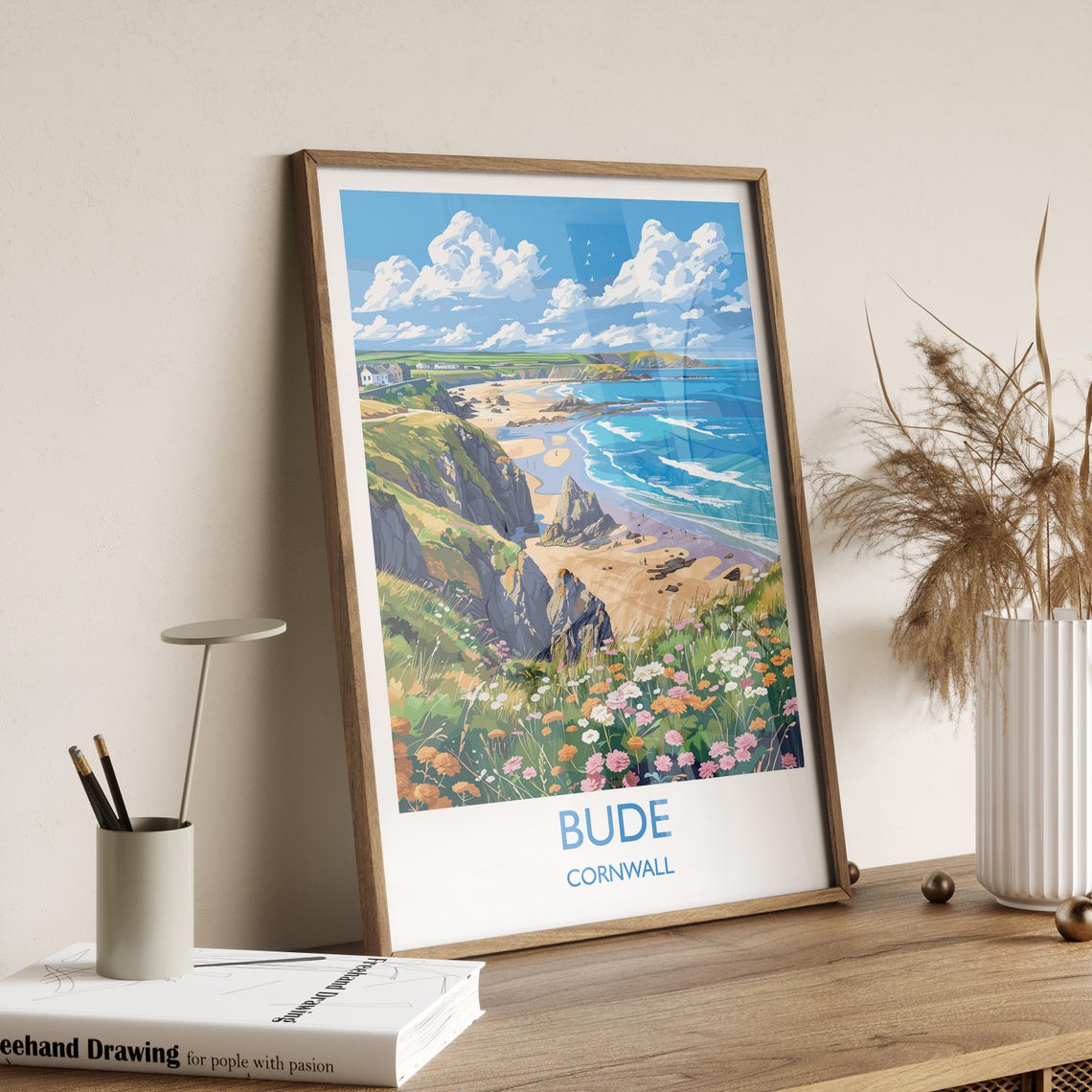 Bude Cornwall Sandy Beach Cove Cliffs Wildflower Meadow Travel Poster - Image 2