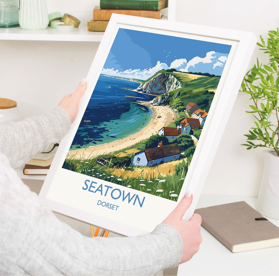 Seatown Dorset Seaside Cove Cottages White Border Travel Poster - Image 3