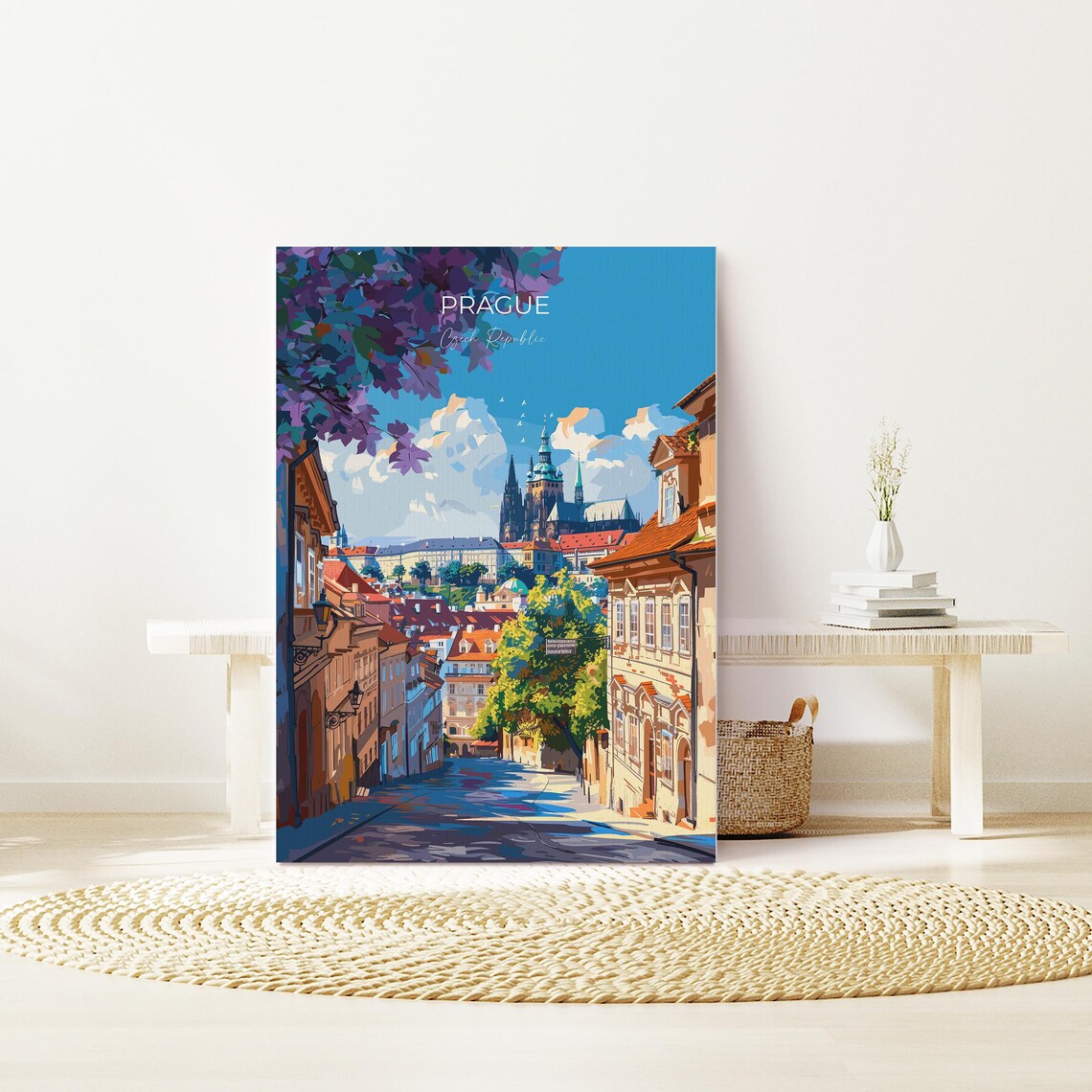 Prague Czech Republic Castle Street Purple Blossom Day View Poster - Image 2