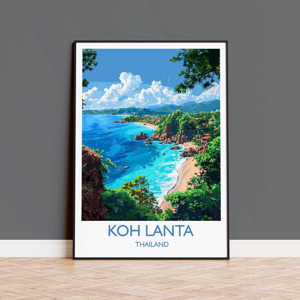 Koh Lanta Thailand Rocky Cove Blue Sea Sailboats Beach Travel Poster