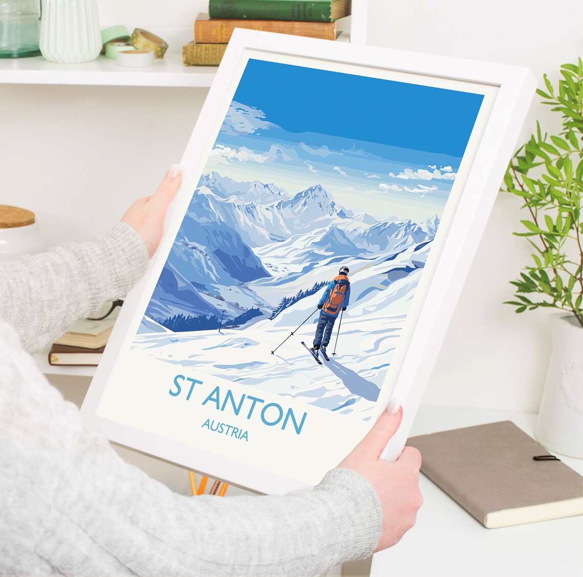St Anton Austria Skier Overlooking Snowy Peaks Winter Travel Poster - Image 5