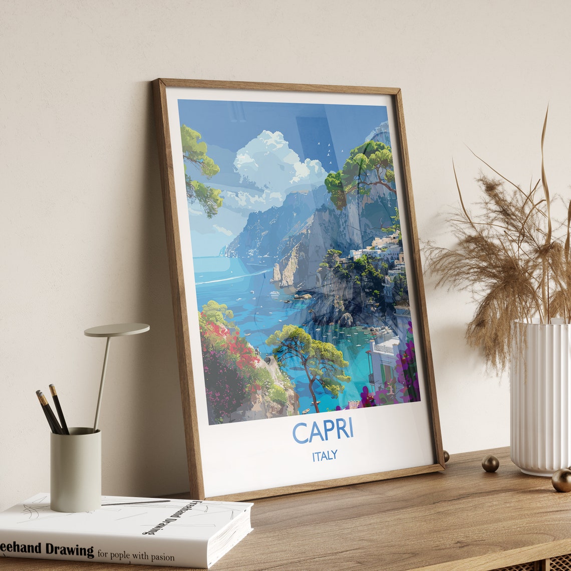Capri Italy Blue Cliffs Seaside Town Bougainvillea Banner Poster - Image 2