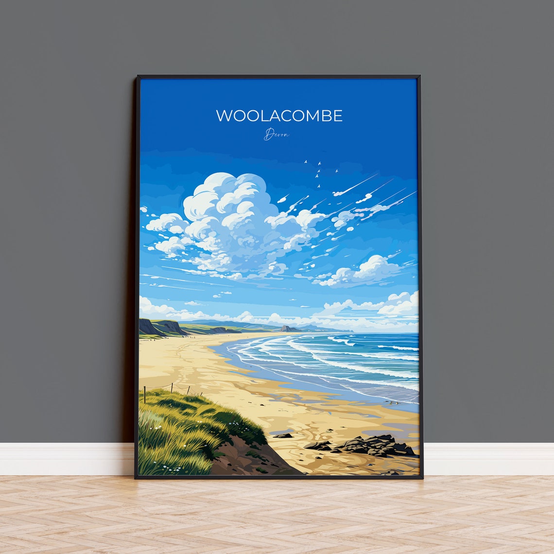 Woolacombe Devon Beach Surf Dunes Bright Summer Sky Travel Poster