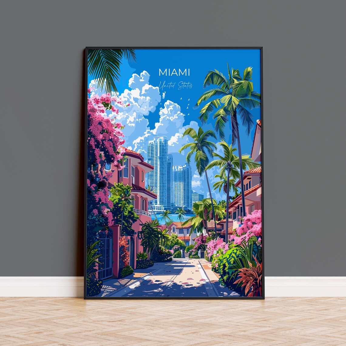 Miami United States Palm Street Pink Blossoms Skyline Travel Poster