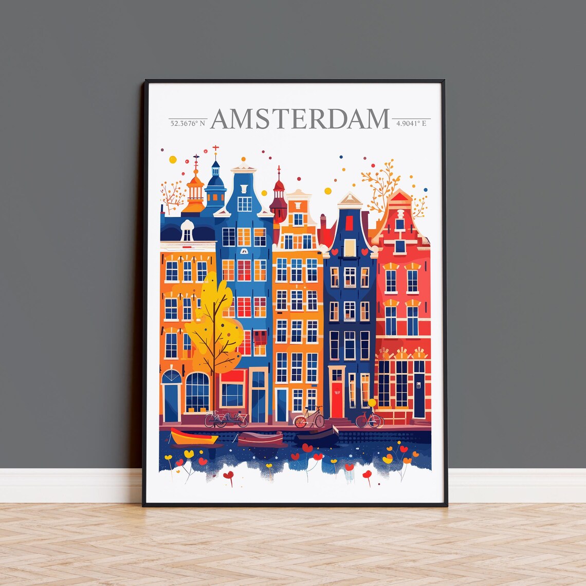 Amsterdam Netherlands Canal Houses in a Cheerful Watercolor Poster