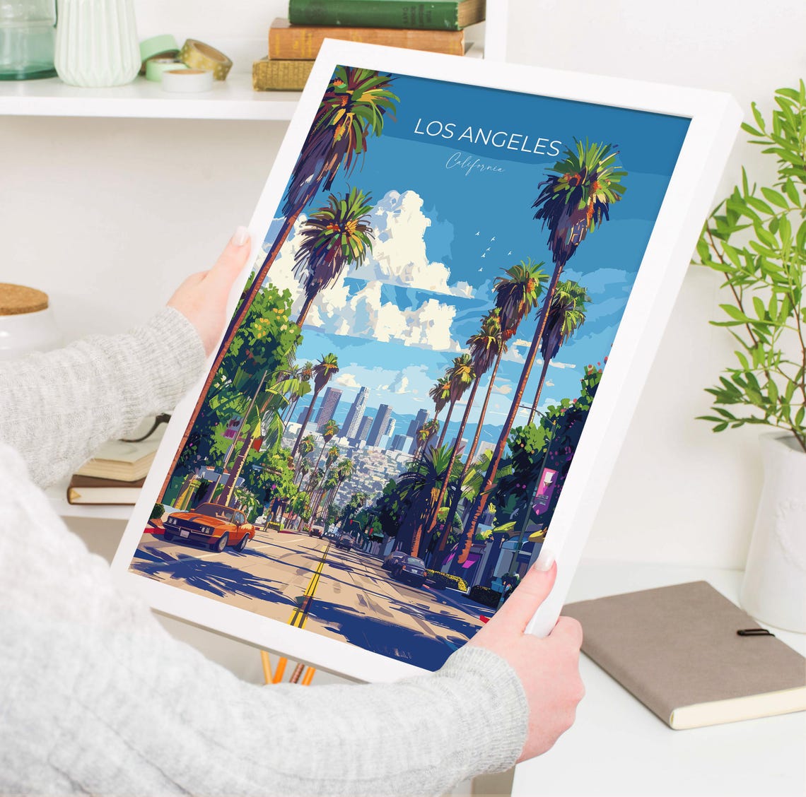 Los Angeles Palm Lined Avenue Downtown Top Lettering Travel Poster - Image 3