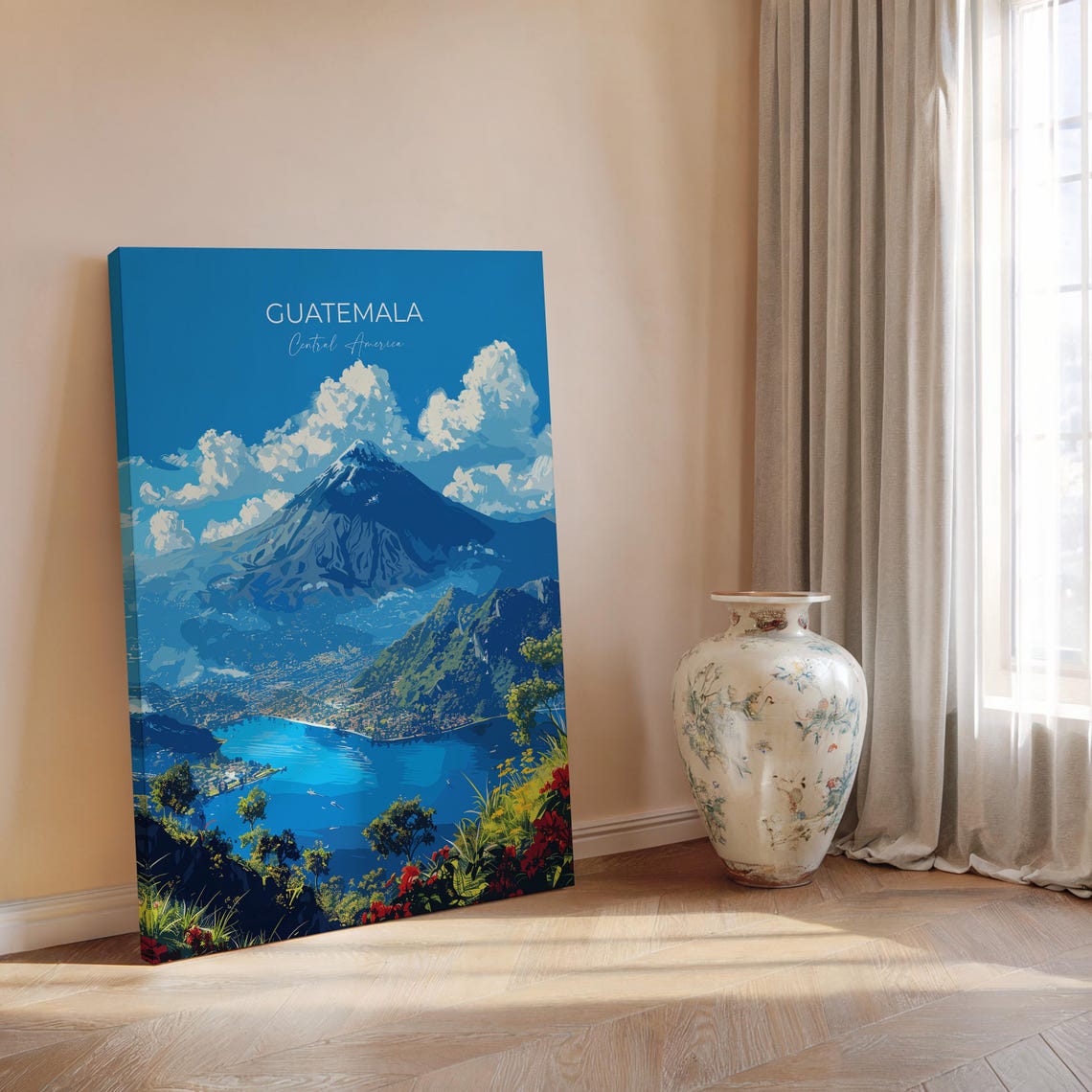 Guatemala Volcano Rising Over Blue Lake Full Bleed Travel Poster - Image 2