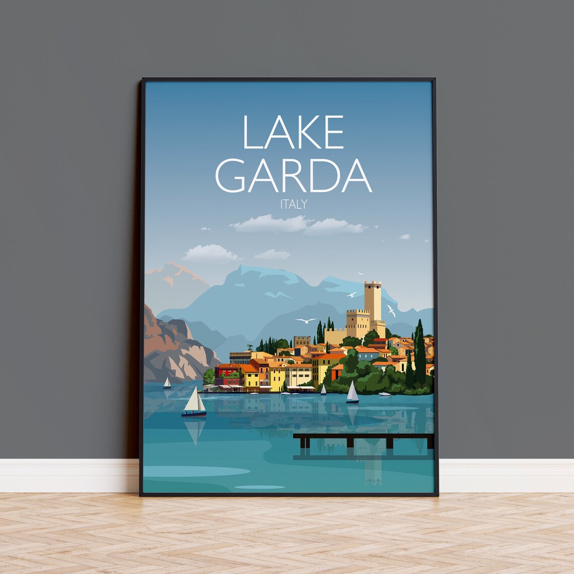 Lake Garda Travel Poster, Italy Lake Landscape Print