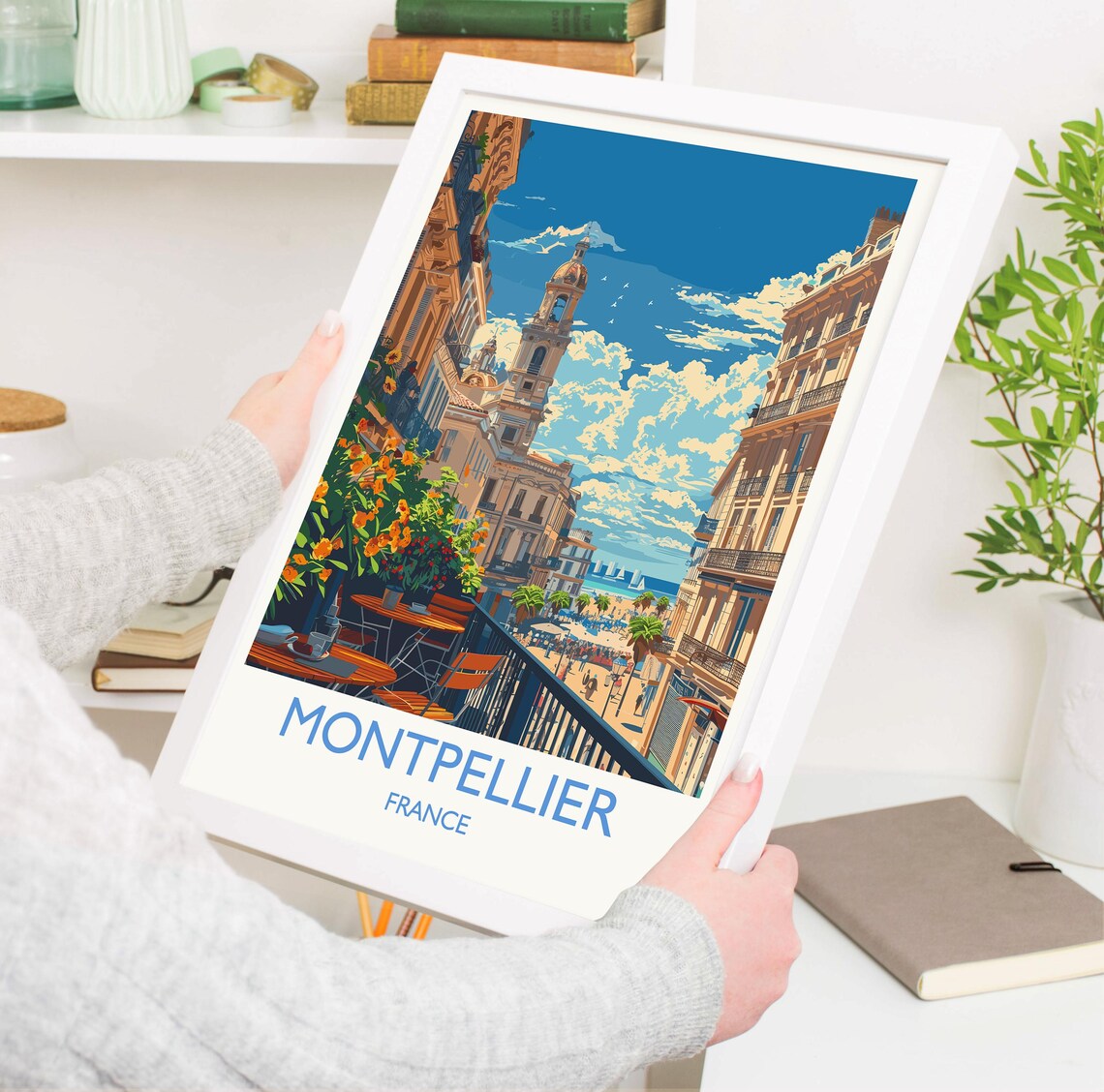 Montpellier France Balcony Cafe Street White Border Travel Poster - Image 3