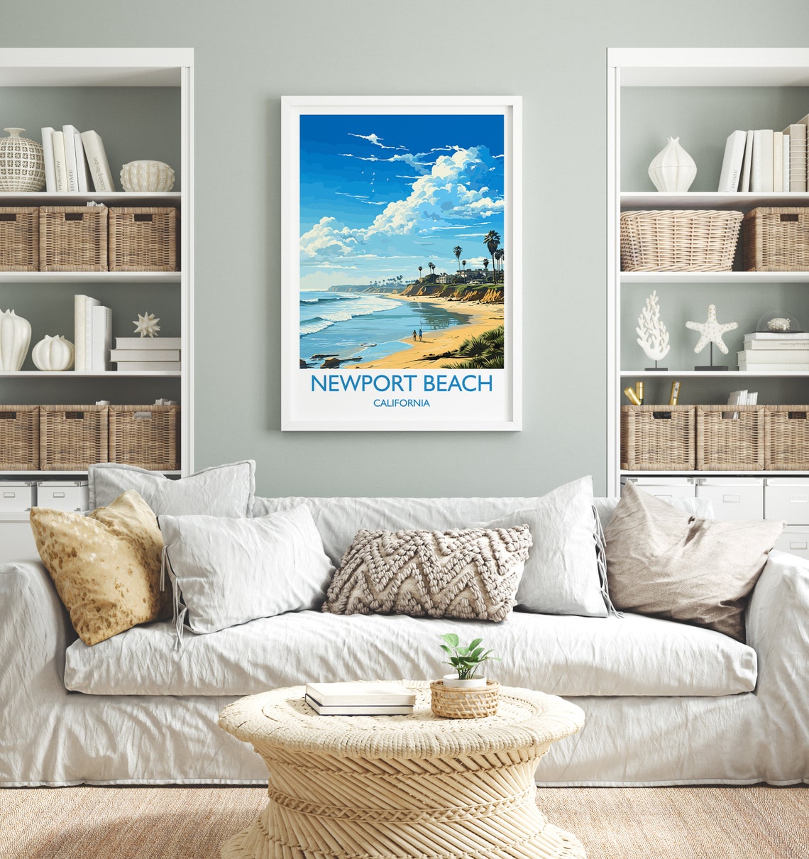 Newport Beach California Sandy Beach Palms Cliffs Vintage Poster - Image 4