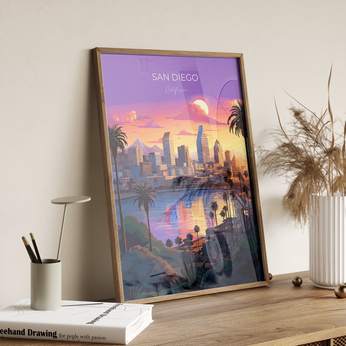 San Diego Bay Skyline Golden Sunset California City Palm Poster - Image 2