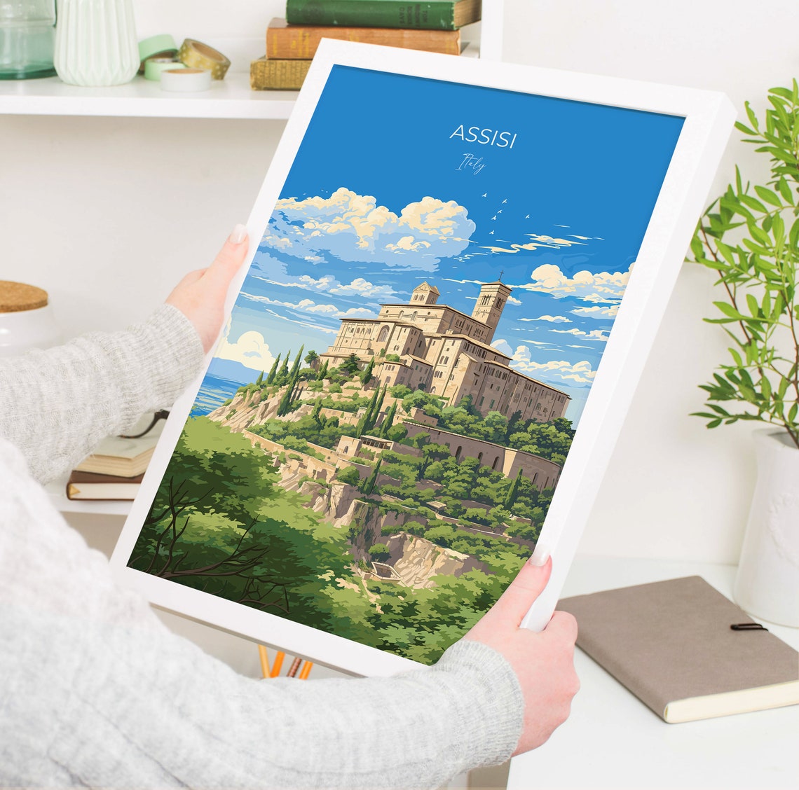 Assisi Italy Basilica Hilltop Green Valley Scene Travel Poster - Image 5