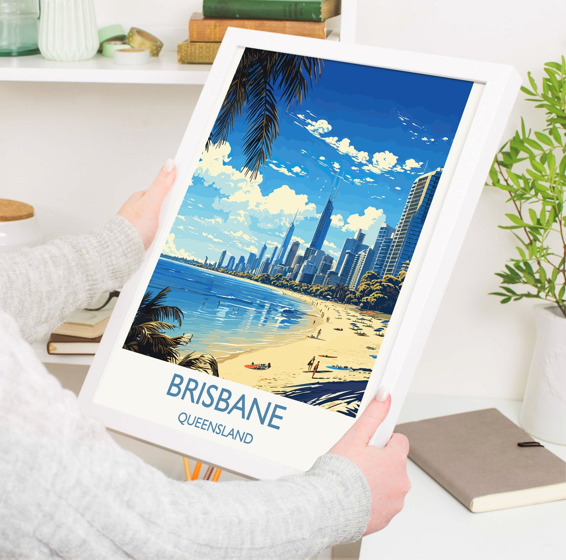 Brisbane Queensland Palm Framed Beach City Skyline Travel Poster - Image 5