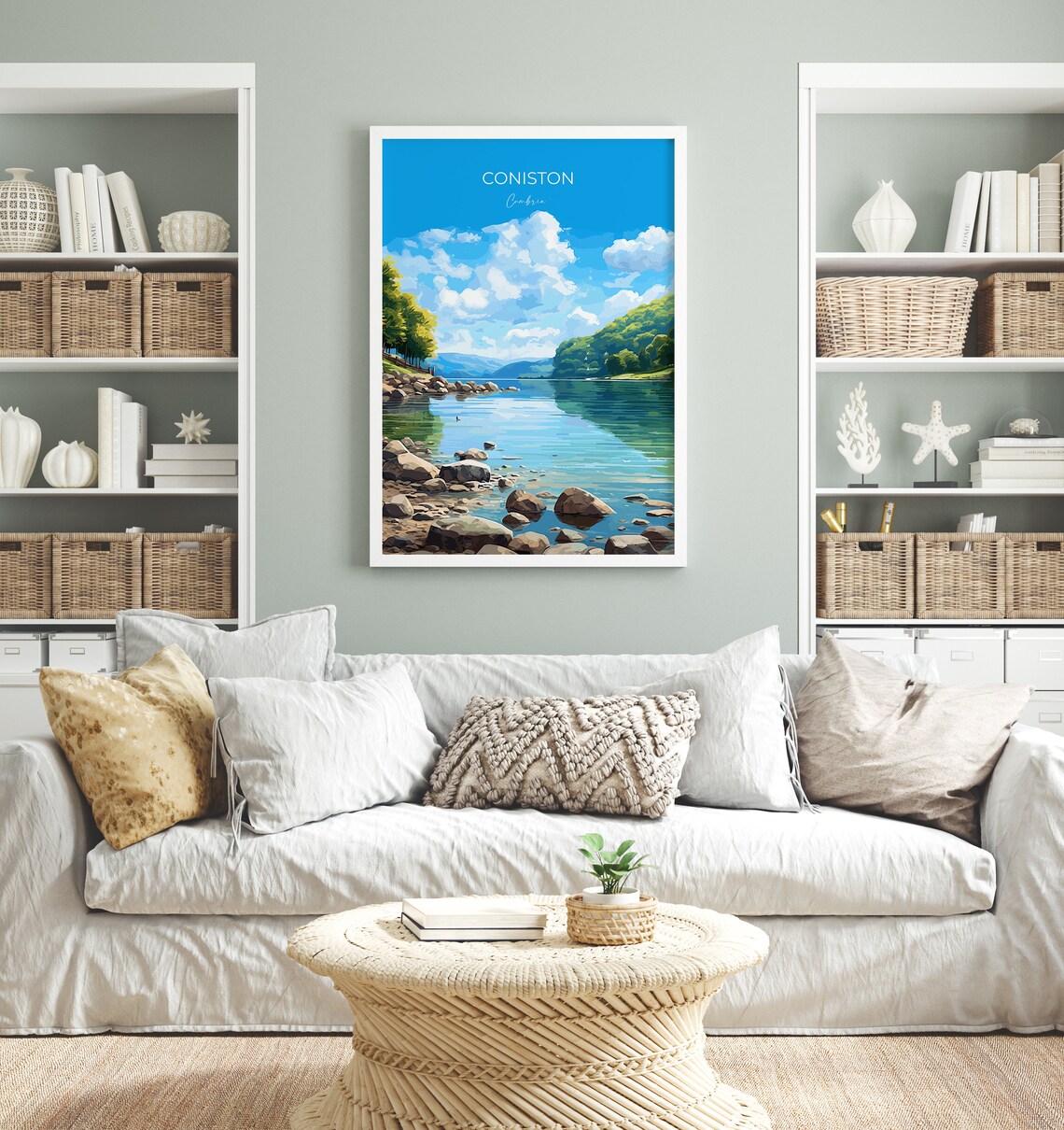 Coniston Cumbria Peaceful Lake Rocky Shore Green Hills Travel Poster - Image 4