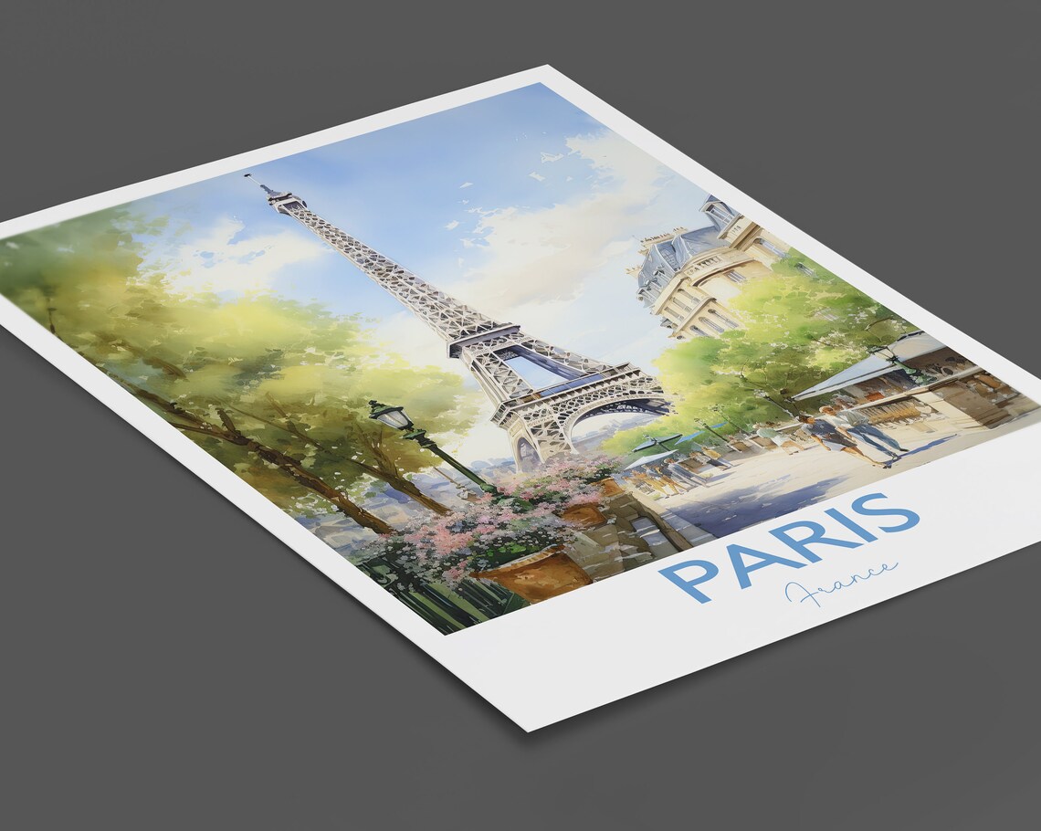 Eiffel Tower Paris France Watercolor Street Scene Travel Poster - Image 2