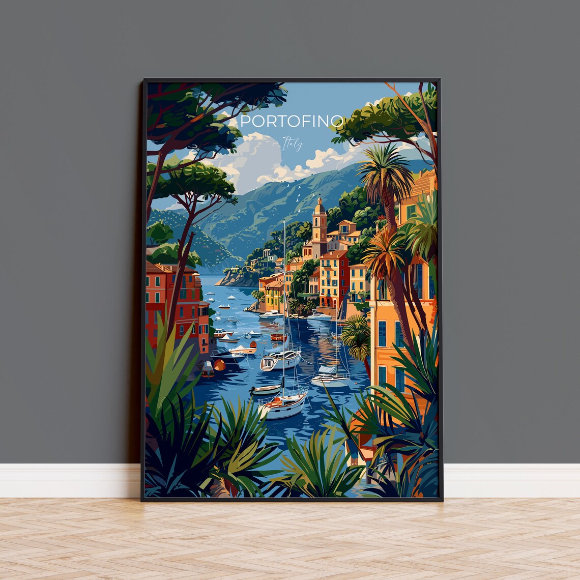 Portofino Italy Harbor Boats Palms Colorful Waterfront Travel Poster
