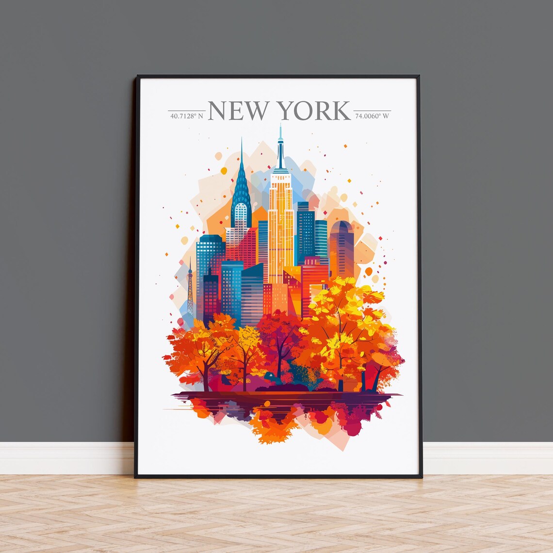 New York Skyline Watercolor Blazing With Fiery Autumn Trees Poster