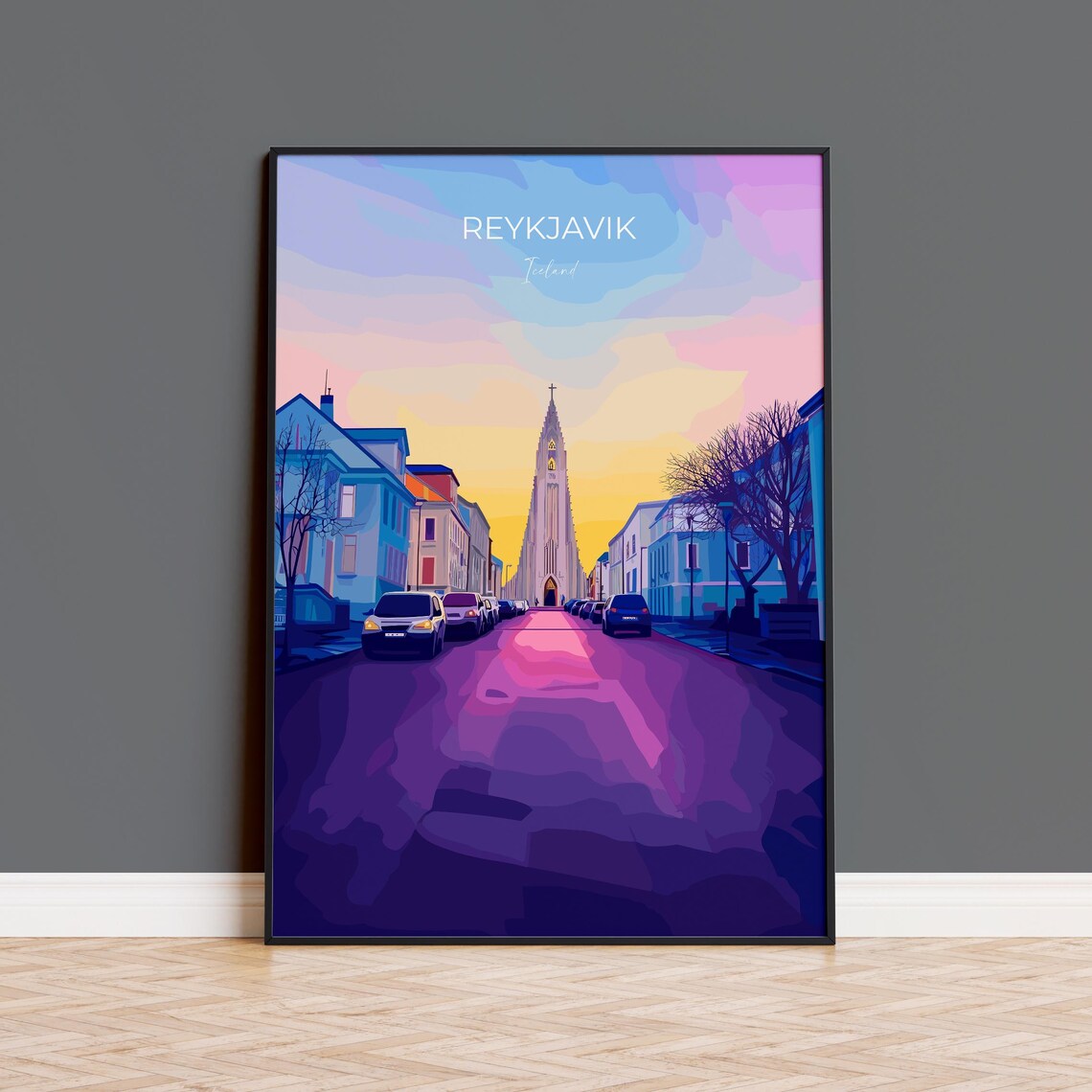 Reykjavik Hallgrimskirkja Street Sunset Full Bleed Travel Poster