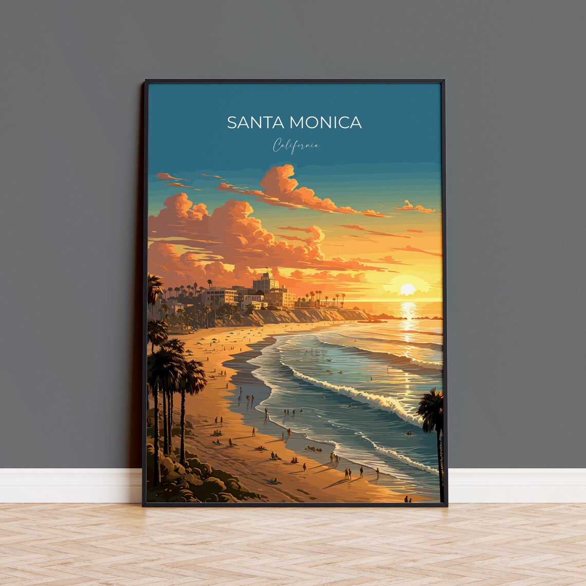 Santa Monica California Sunset Beach Palm Trees Vintage Travel Poster