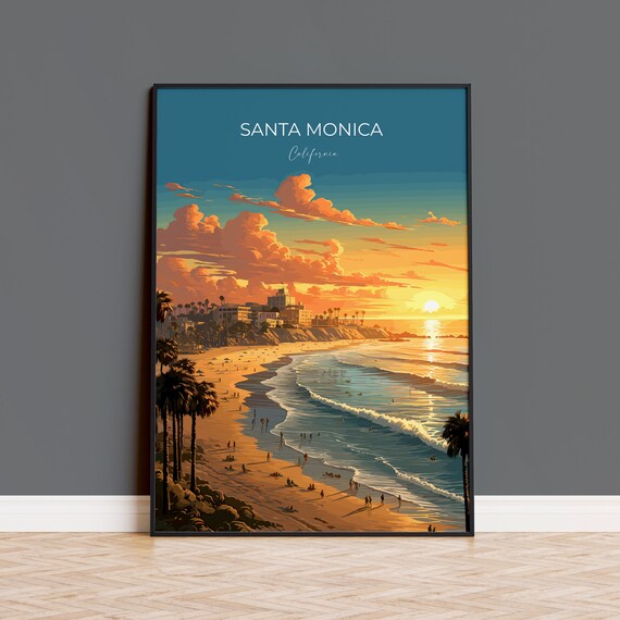 Santa Monica California Sunset Beach Palm Trees Vintage Travel Poster