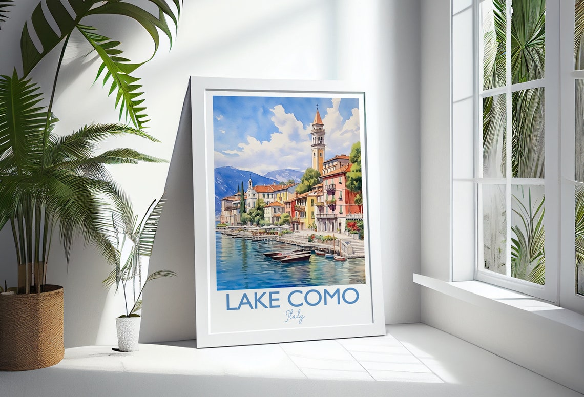 Lake Como Italy Bell Tower Waterfront Boats Watercolor Poster - Image 3