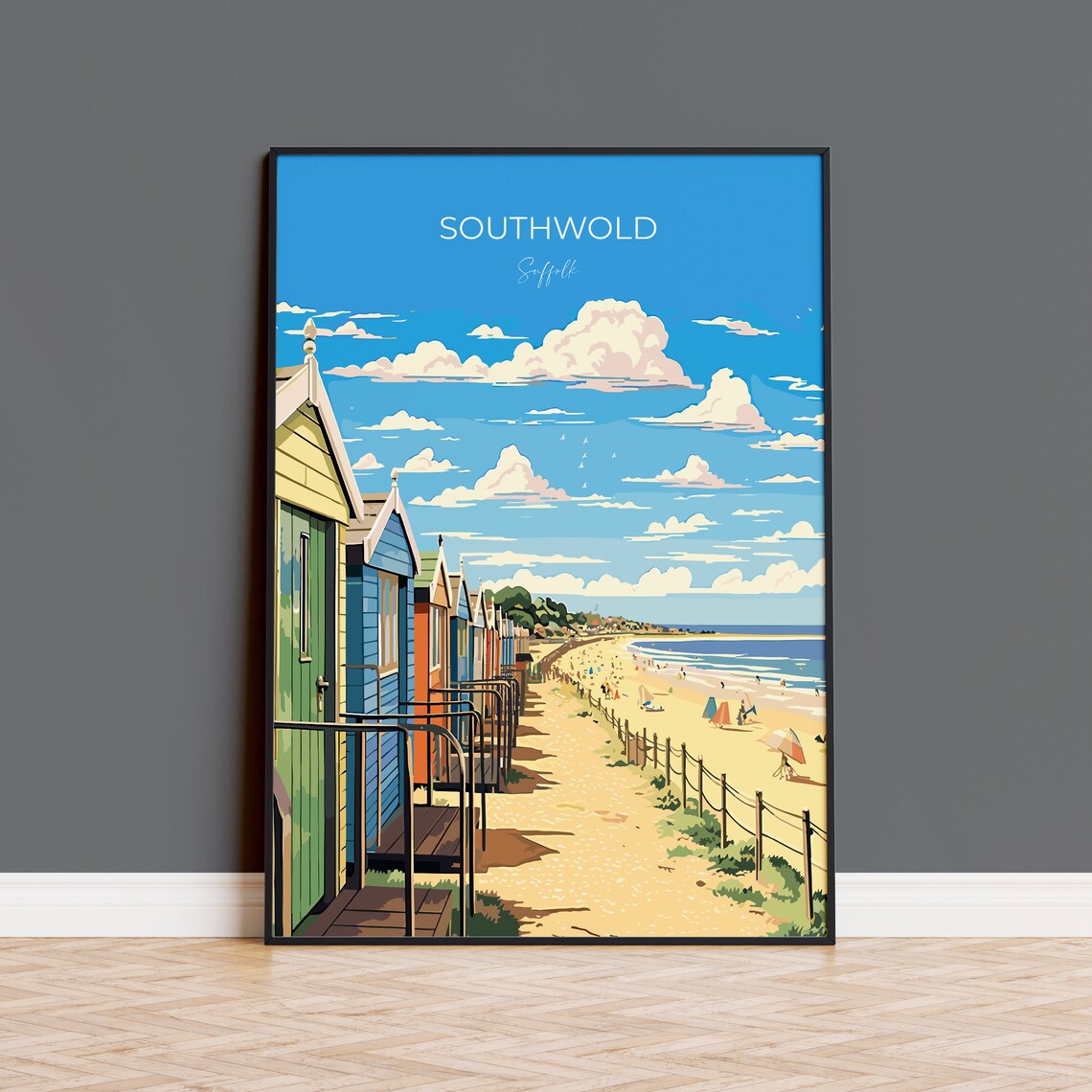 Southwold Suffolk Colourful Beach Huts Sandy Beach Travel Poster