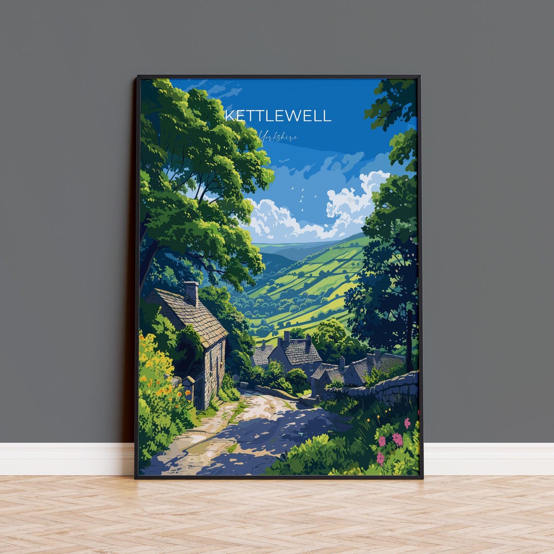 Kettlewell Yorkshire Stone Cottages Lane Modern Travel Poster