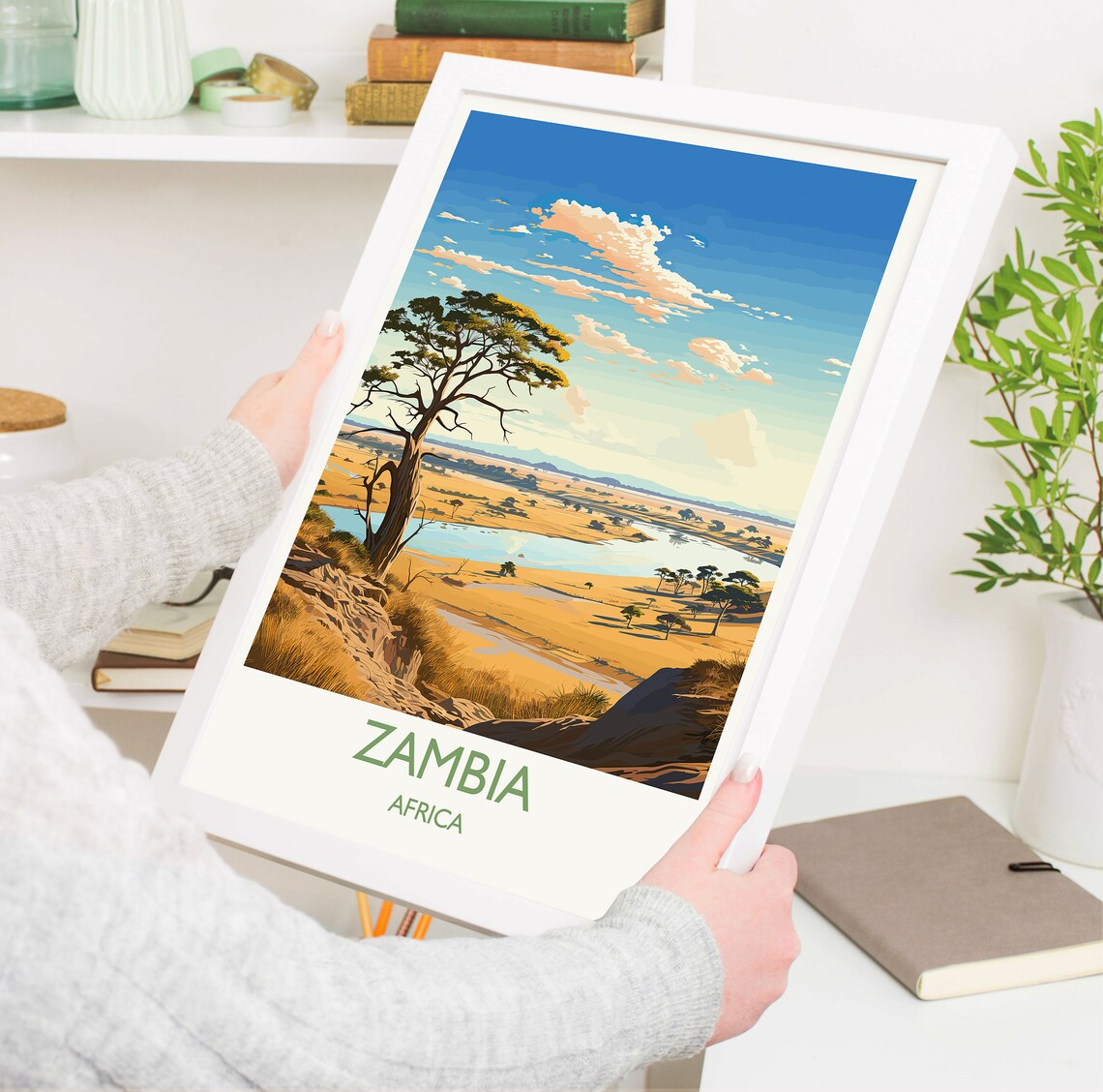Zambia Africa Sunlit Savanna River Overlook Travel Art Poster - Image 5