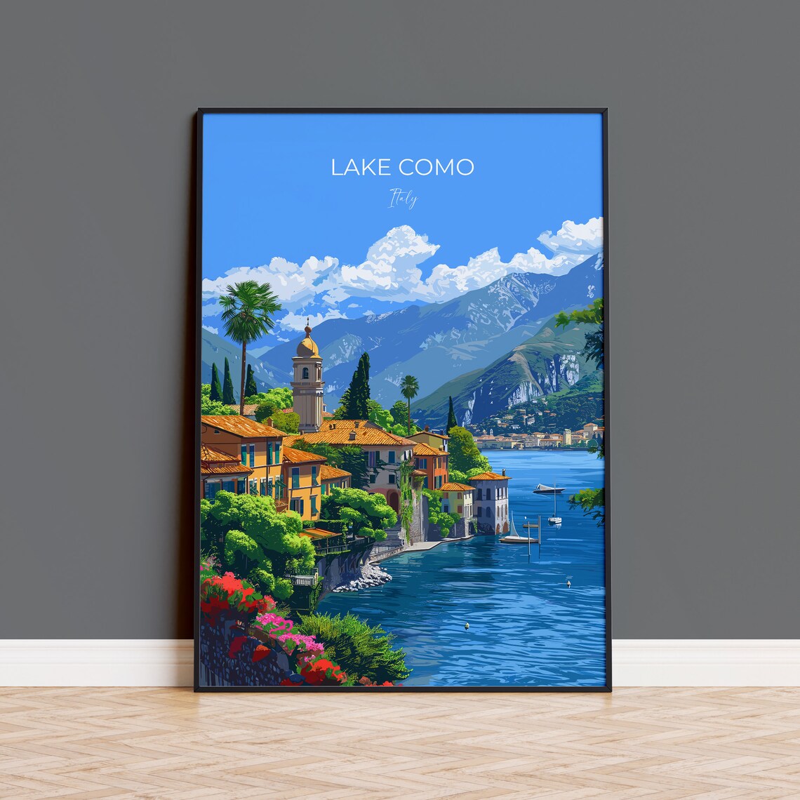 Lake Como Italy Lakeside Village Bell Tower Mountains Travel Poster
