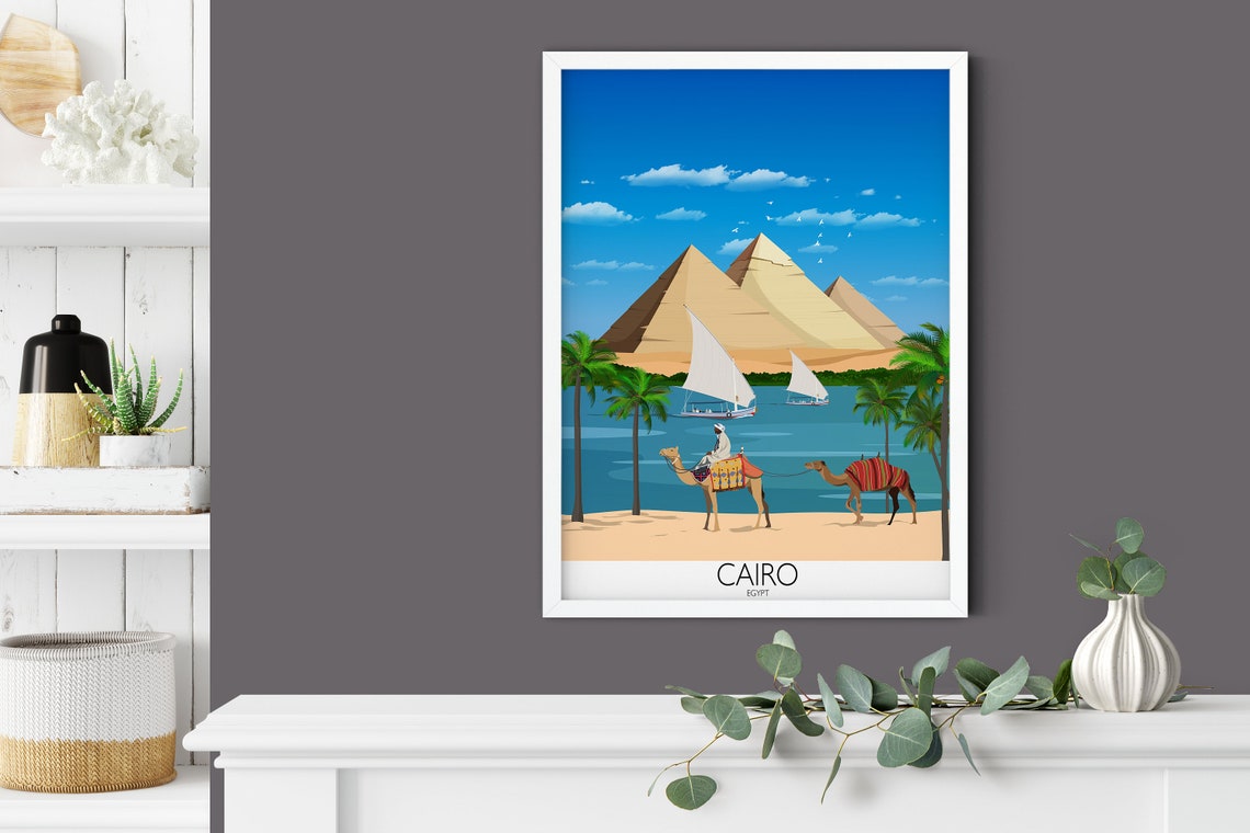 Cairo Egypt Giza Pyramids Camels Nile Sailboats Travel Poster - Image 4