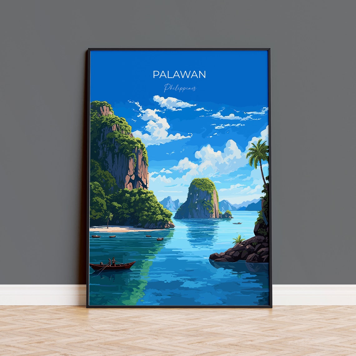 Palawan Philippines Karst Cliffs Lagoon Boats Travel Poster Wall Decor