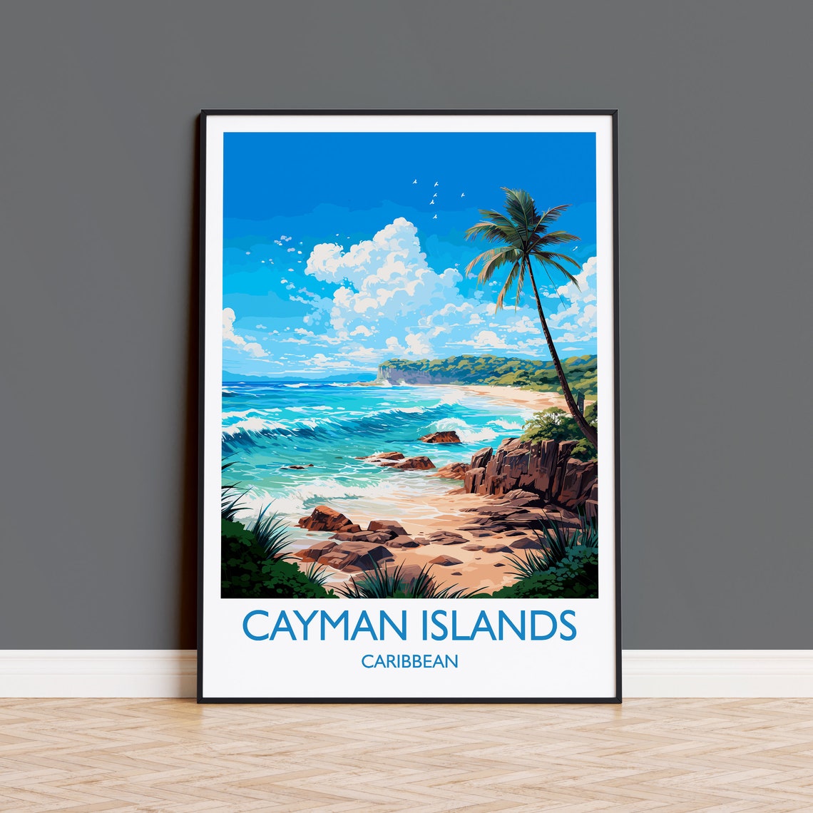 Cayman Islands Caribbean Beach Palm Shore Vintage Travel Poster