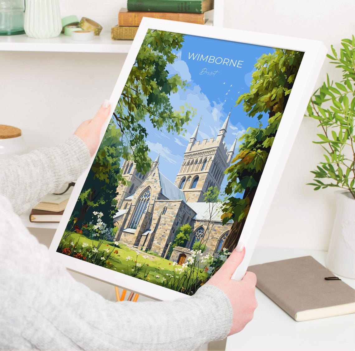 Wimborne Dorset Minster Stone Towers Summer Garden Scene Poster - Image 3