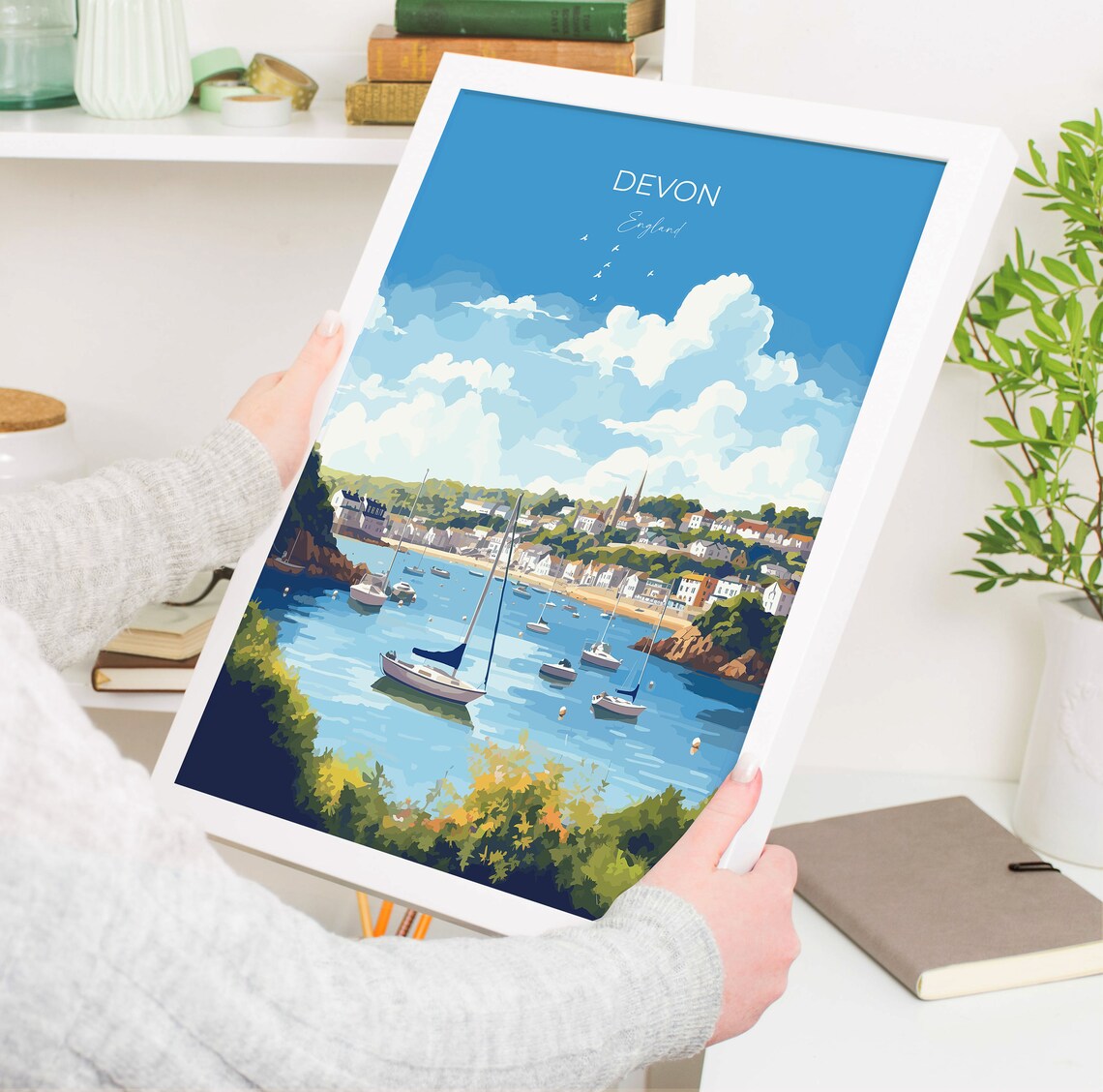 Devon England Sailboat Harbor Hillside Seaside Town Travel Poster - Image 5