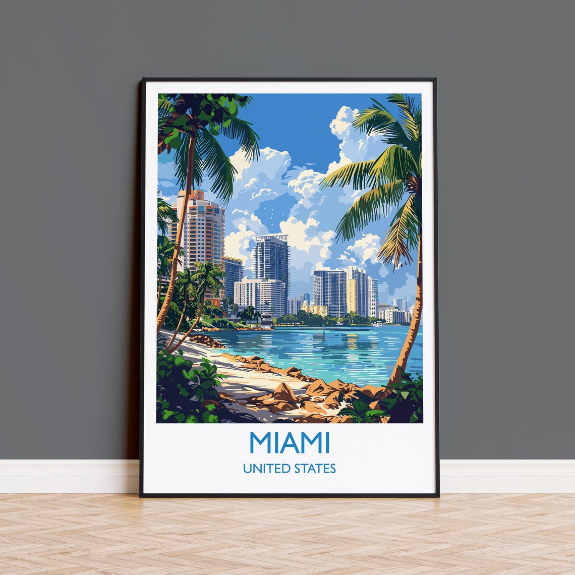 Miami Florida Bay Skyline Palm Trees Waterfront Travel Print