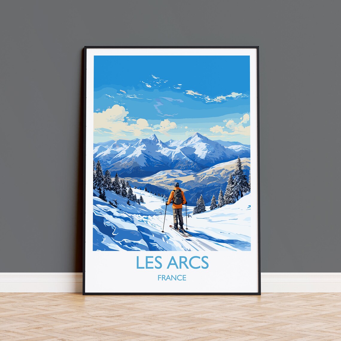 Les Arcs France Skier Alpine Peak Sunny Blue Sky Ski Travel Poster