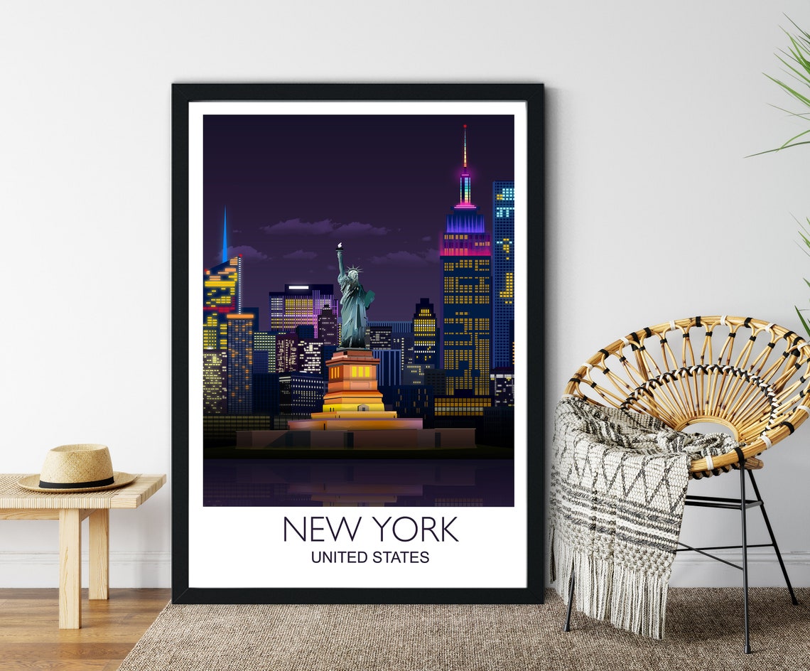 New York Travel Print Travel Poster Of New York Manhattan Skyline Statue Of Liberty Usa New York Travel Poster New York Print