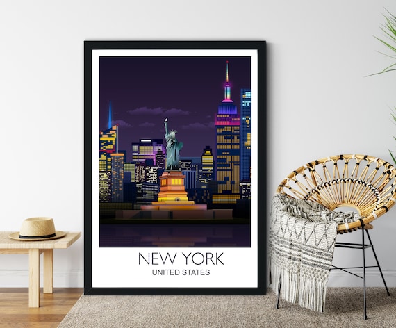 New York Statue of Liberty Night Skyline Landmark Travel Poster