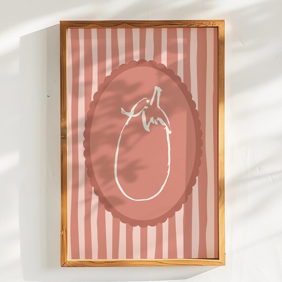 Eggplant Aubergine Line Art Terracotta Striped Kitchen Wall Art