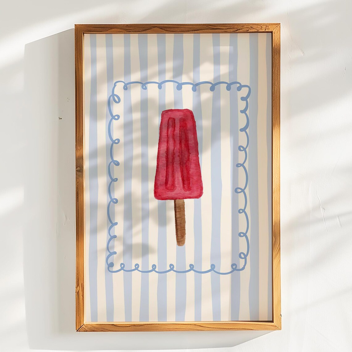 Red Popsicle Watercolor Summer Blue Striped Kitchen Wall Art
