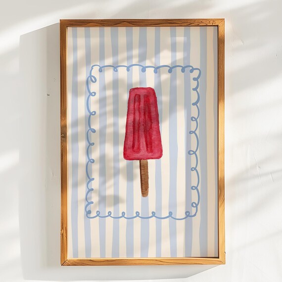 Red Popsicle Watercolor Summer Blue Striped Kitchen Wall Art