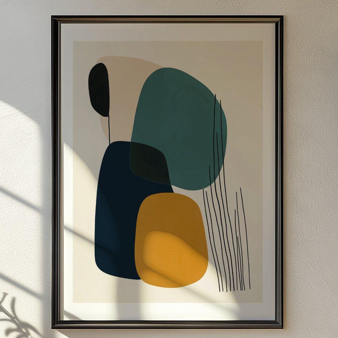 Dark Teal Navy and Mustard Abstract Art with Fine Line Details Poster