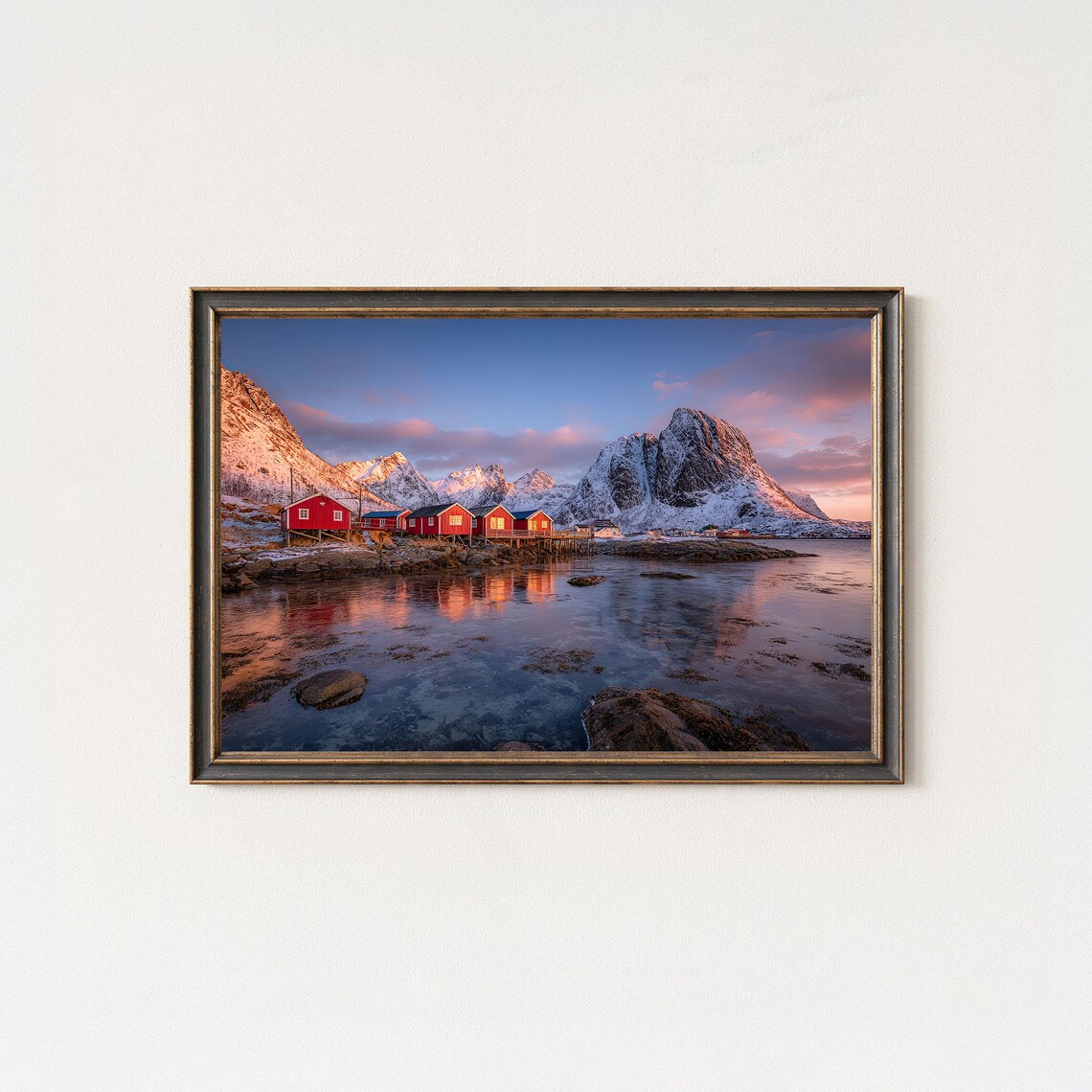 Red Cabins Snowy Arctic Peaks Fjord Sunset Landscape Photo Poster