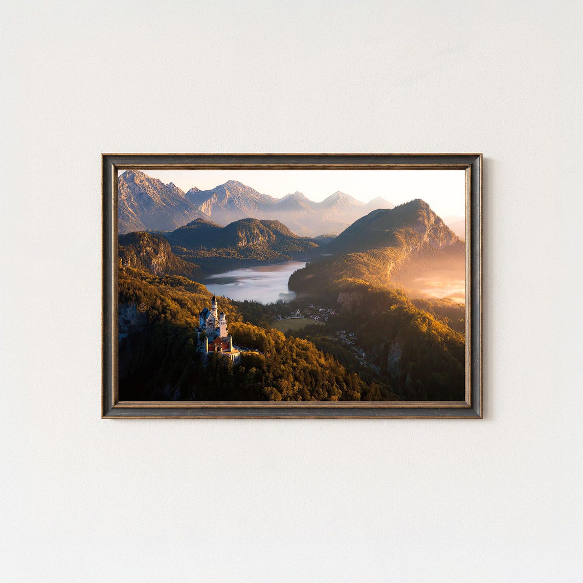 Neuschwanstein Castle Golden Hour Over Alpine Forest Hills Poster